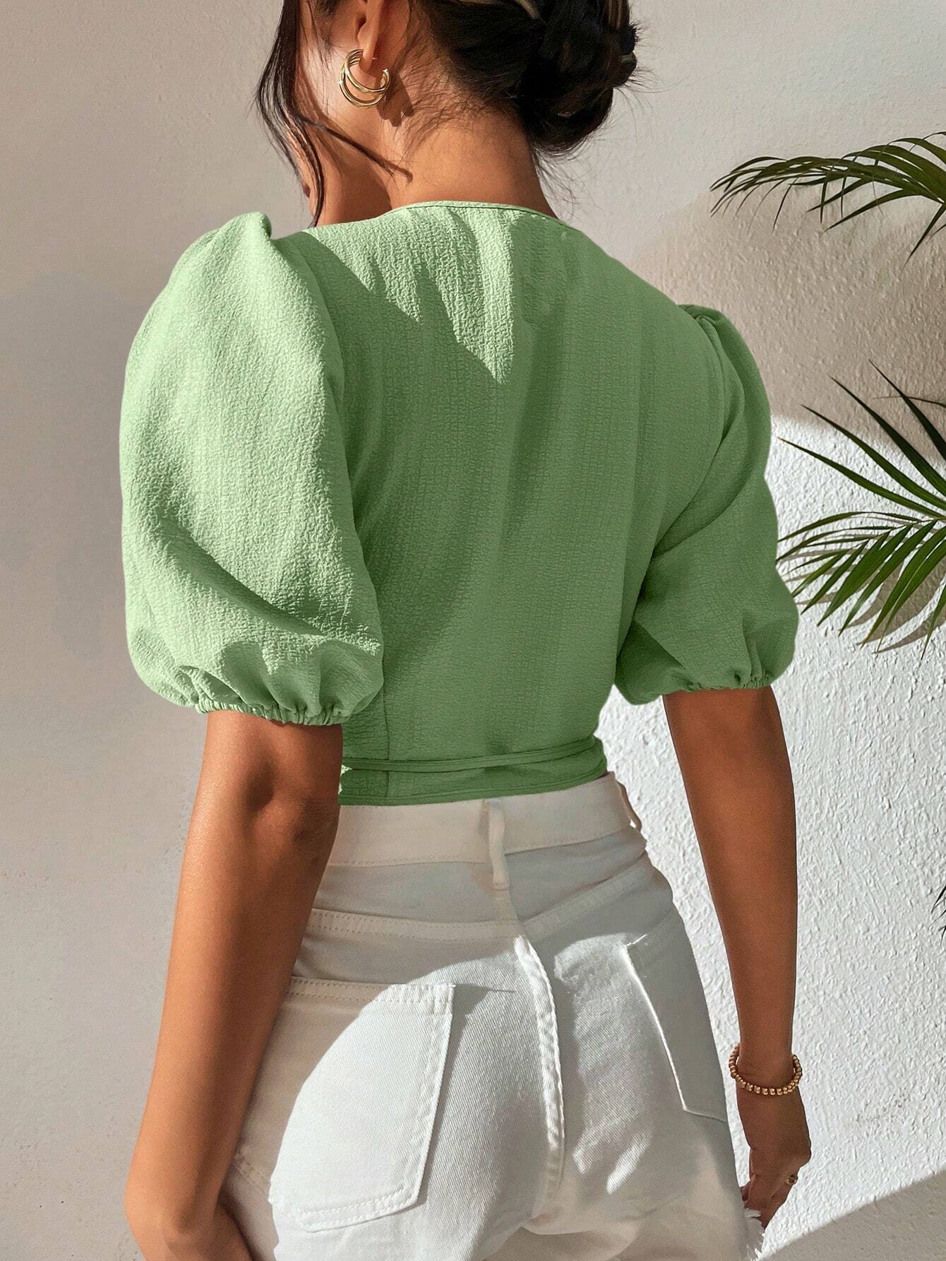 Puff Sleeve V-Neck Pista Color Top