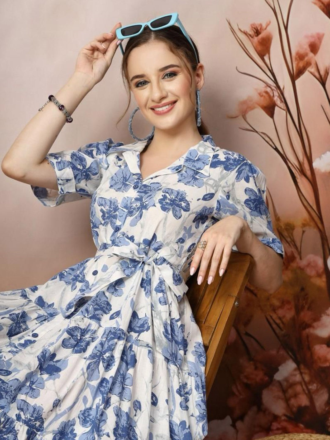 Blue & White Floral Printed Midi Dress with Waist Tie