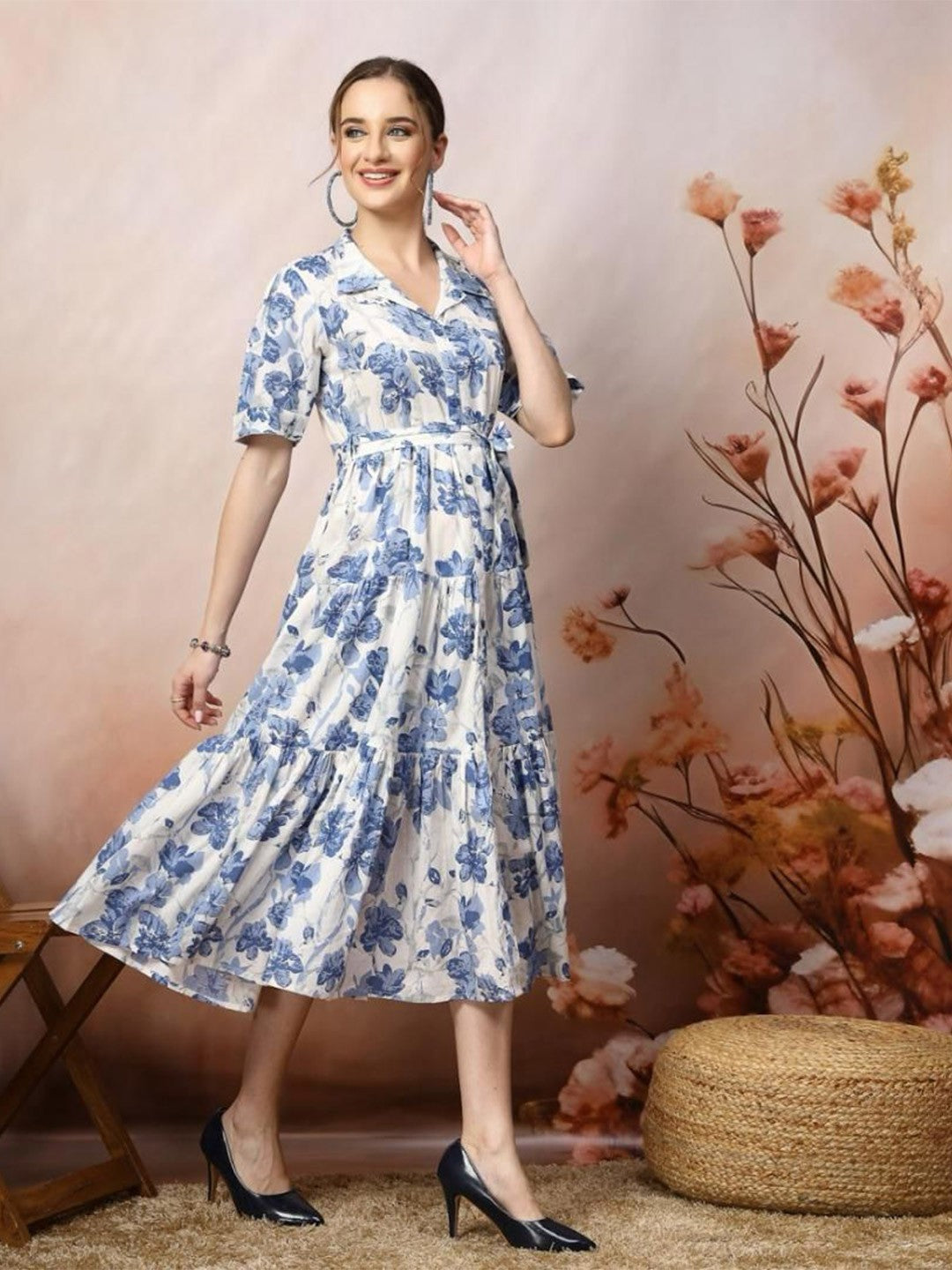 Blue & White Floral Printed Midi Dress with Waist Tie