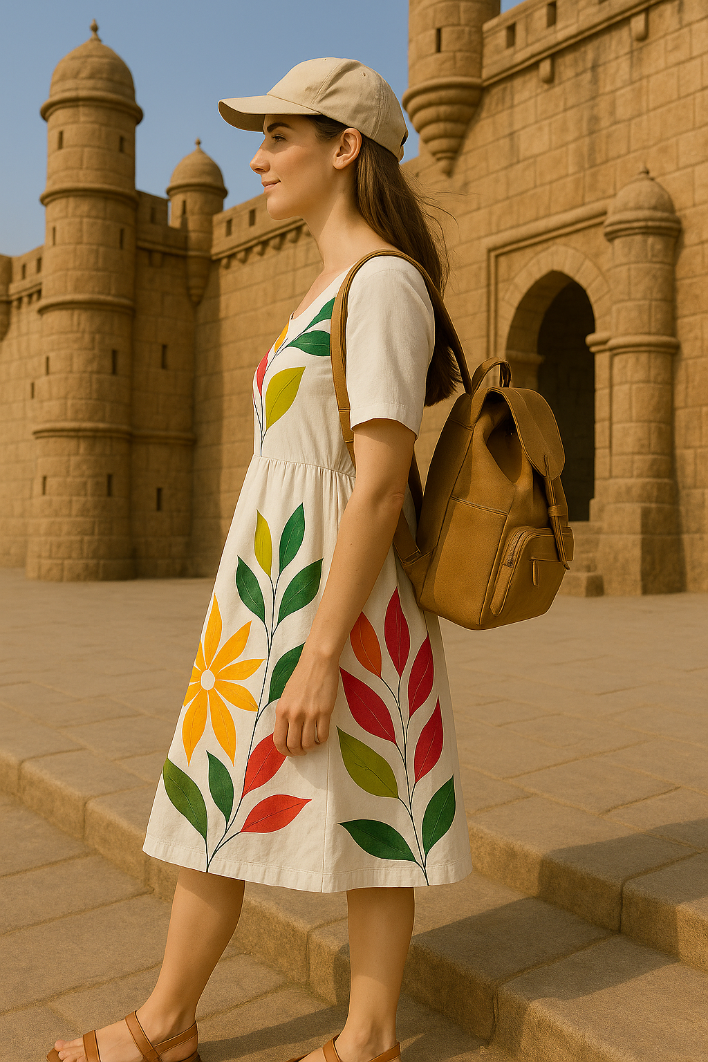 Floral Print A-Line Cotton Dress with Short Sleeves