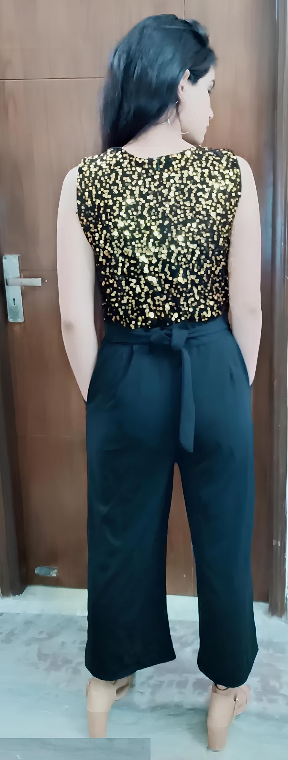 Glamour Gold Color Sequin Black Jumpsuit