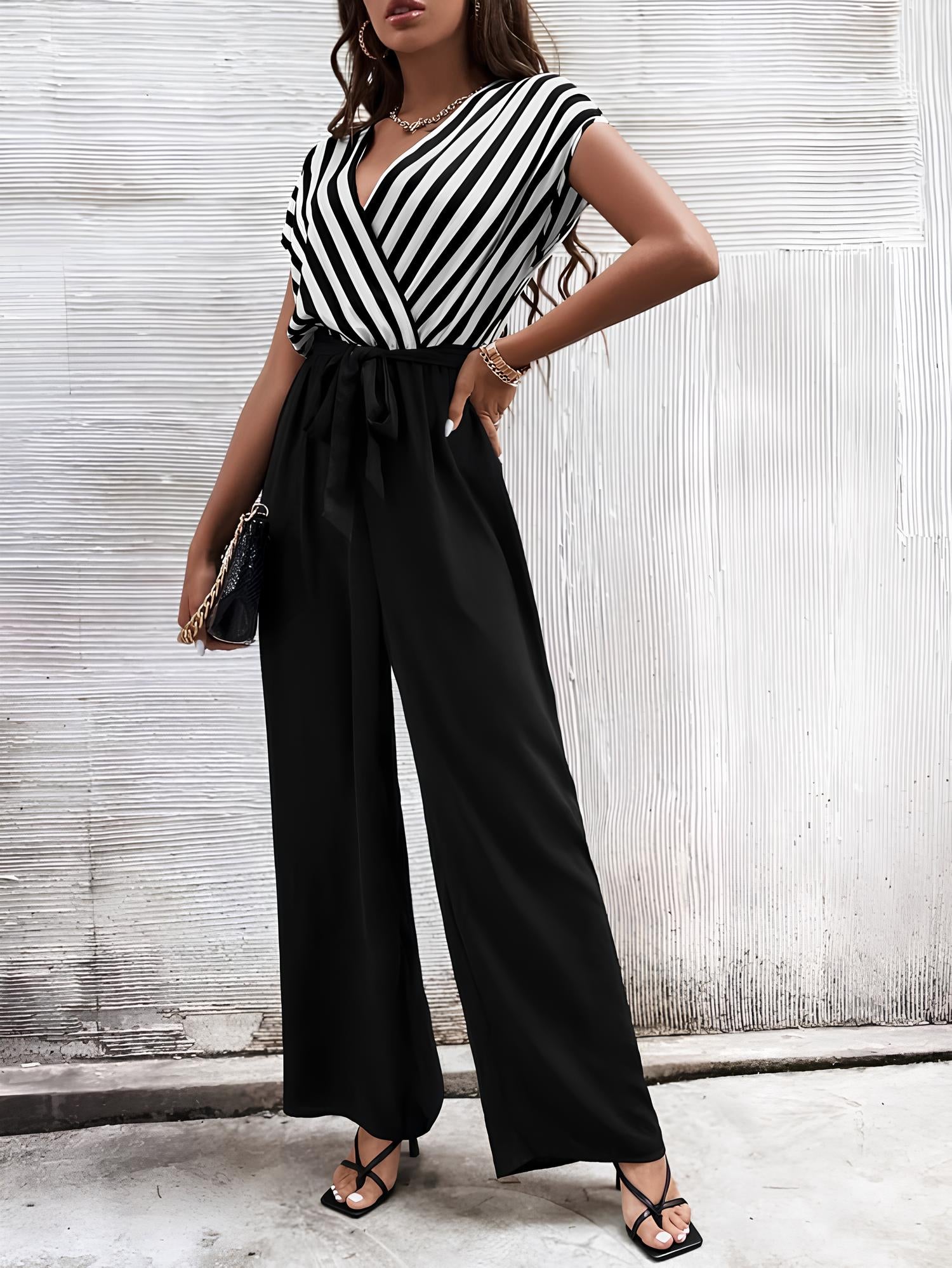 Striped V-Neck Black Color Jumpsuit
