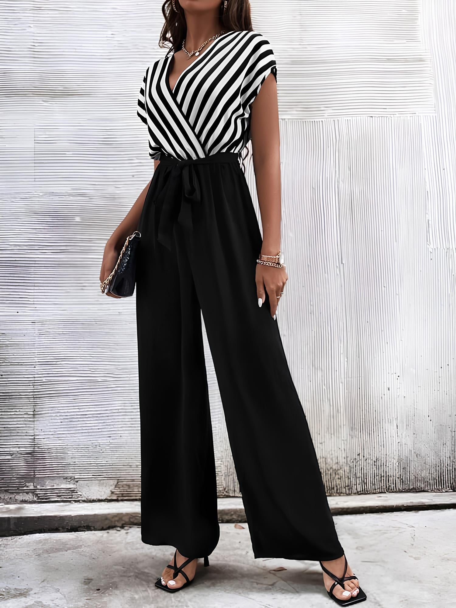 Striped V-Neck Black Color Jumpsuit