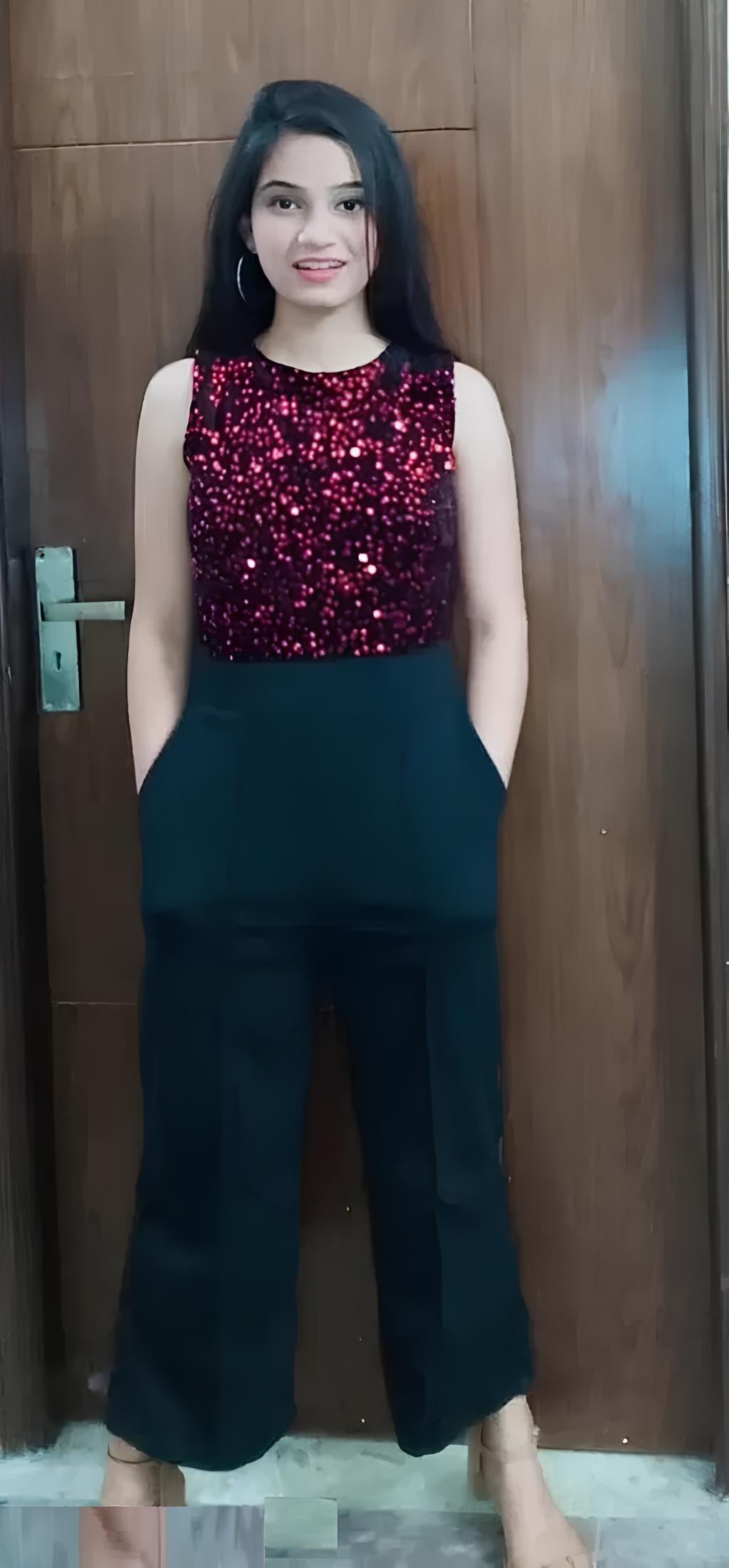 Glamour Maroon Color Sequin Black Jumpsuit