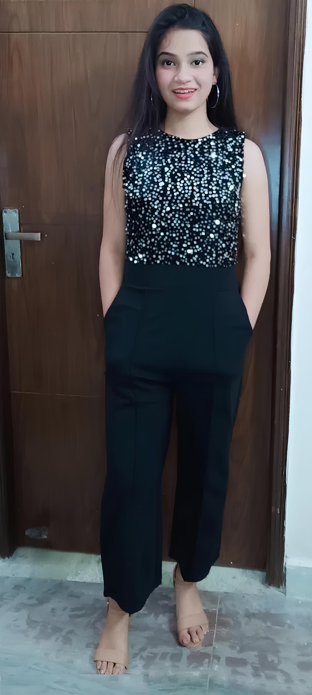 Glamour Silver Color Sequin Black Jumpsuit