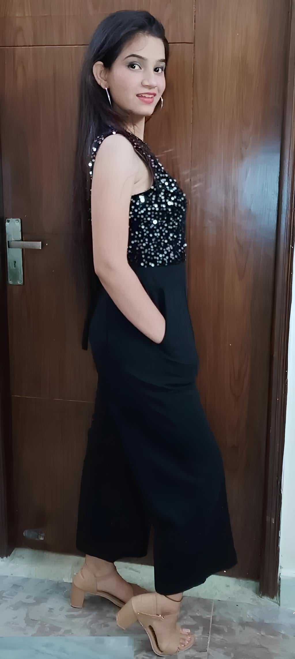 Glamour Silver Color Sequin Black Jumpsuit