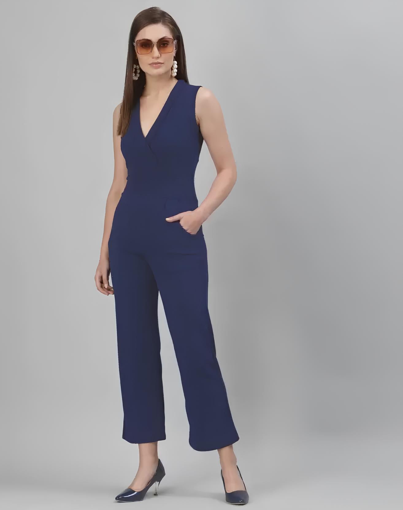 Emerald Grace V-Neck Blue Color Jumpsuit