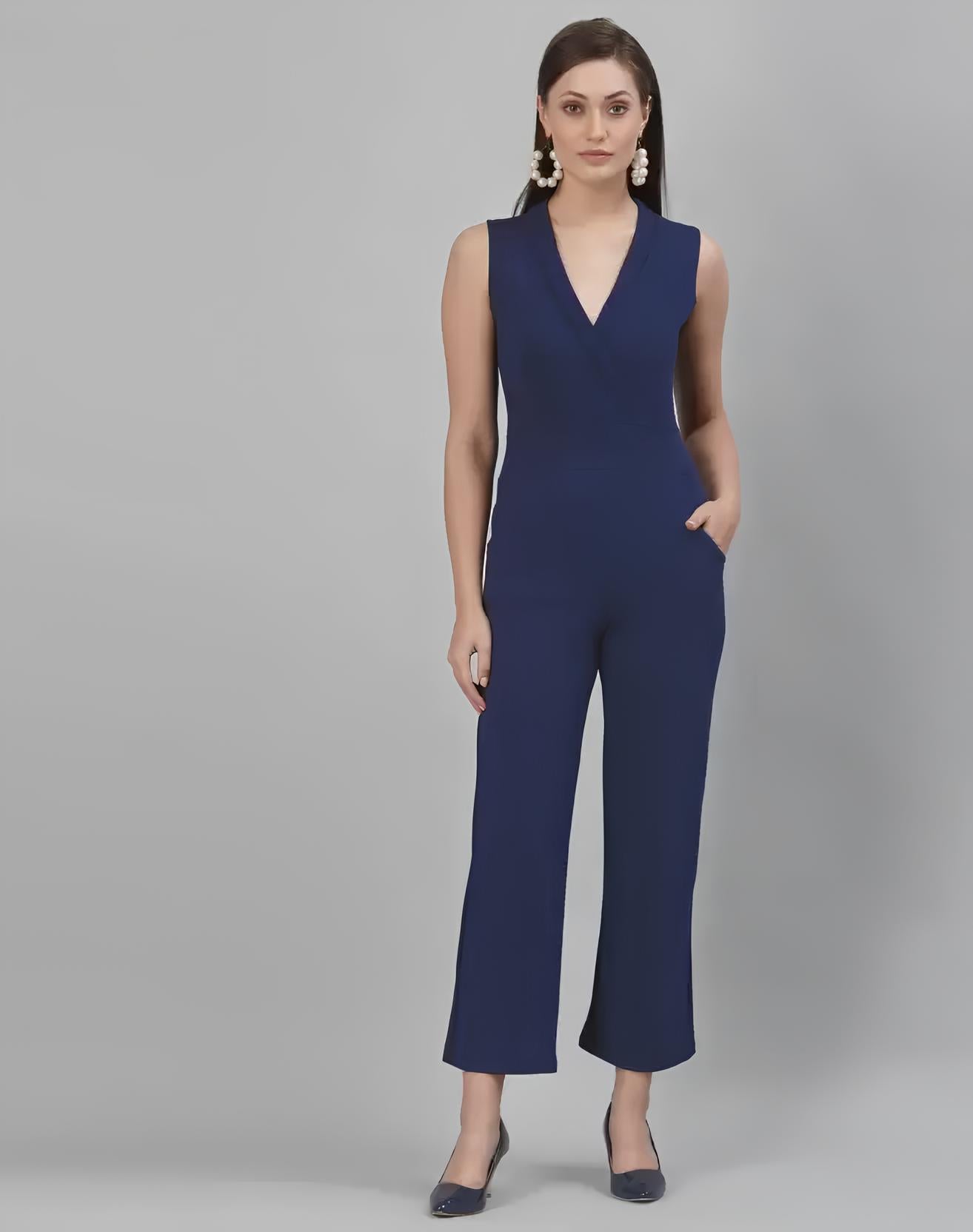 Emerald Grace V-Neck Blue Color Jumpsuit