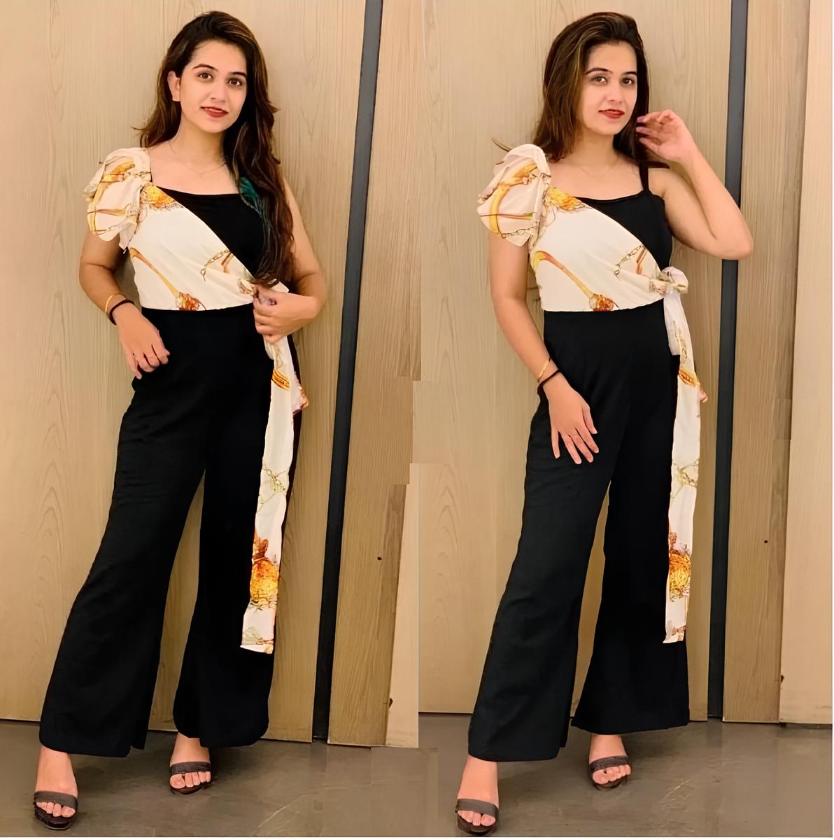 Floral Asymmetry Ruffle White & Black Color Jumpsuit