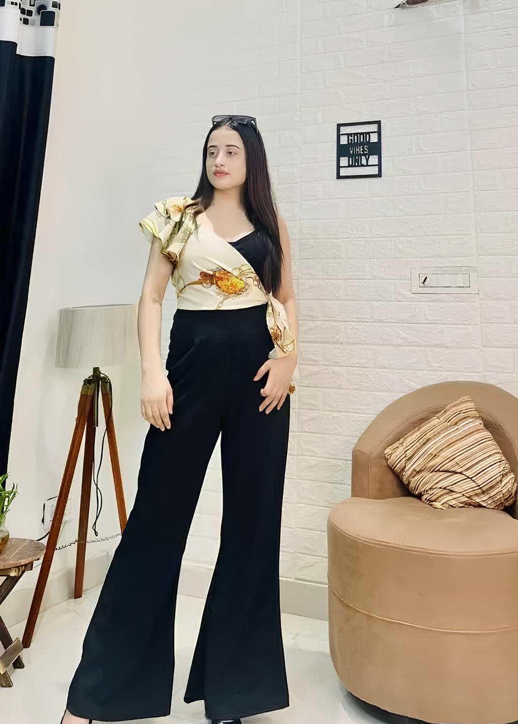 Floral Asymmetry Ruffle White & Black Color Jumpsuit